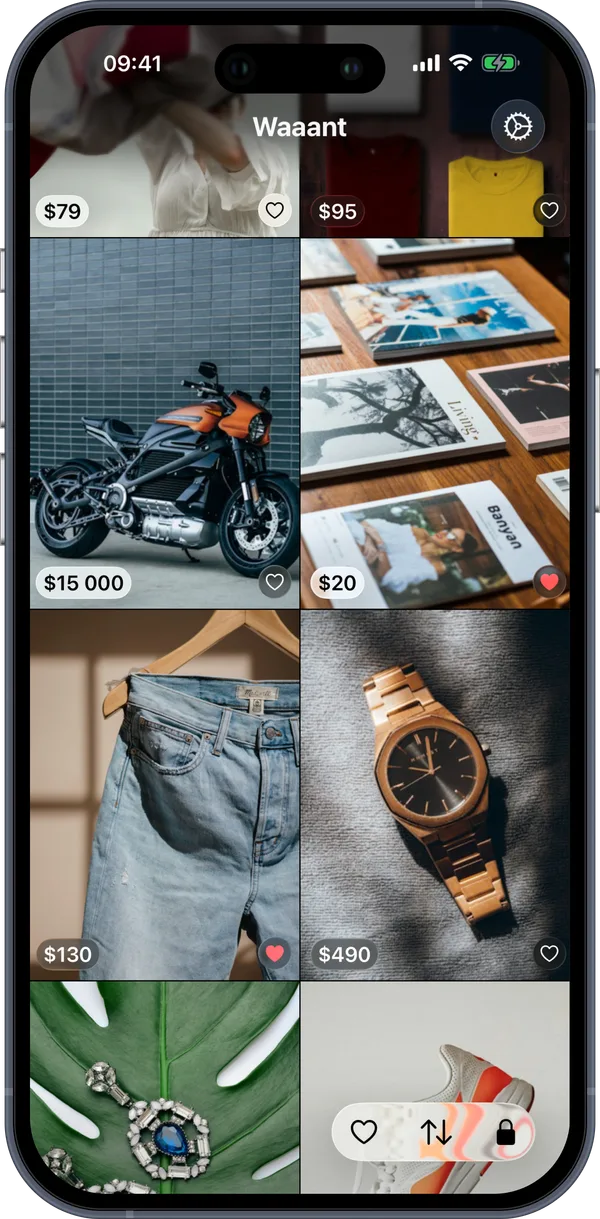 The Waaant app: a grid of saved products with their prices and favorite hearts